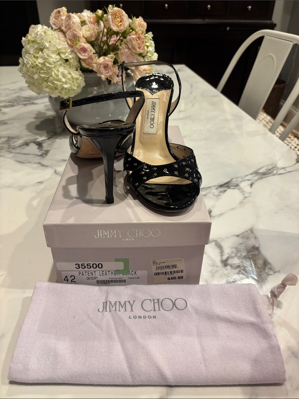 Authentic Jimmy Choo Black Patent Leather Studded Open-Toe Heels - Picture 5 of 6